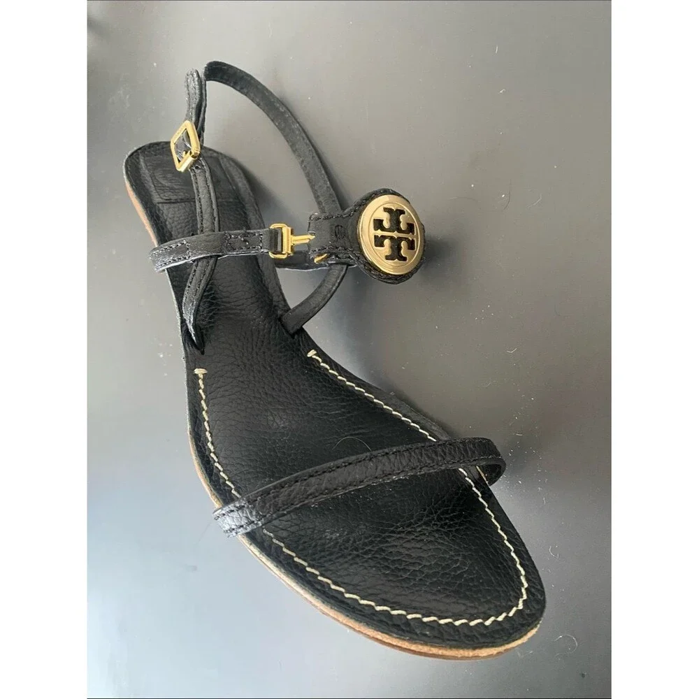 Tory Burch Mira sandals black tumbled leather signature Gold Logo Medallion 9.5